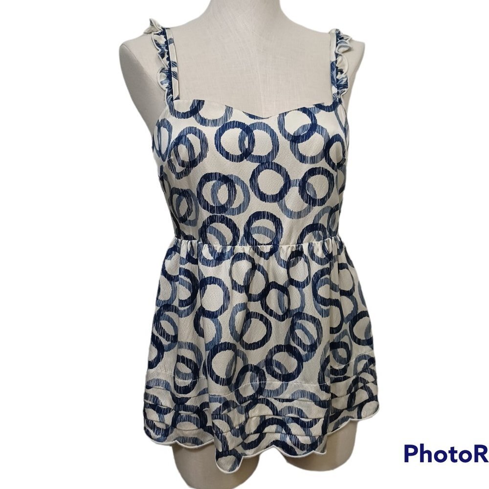 Juicy Couture Blouse Womens 6 Blue Cream 100%‎ Silk Sleeveless Ruffle Baby Doll